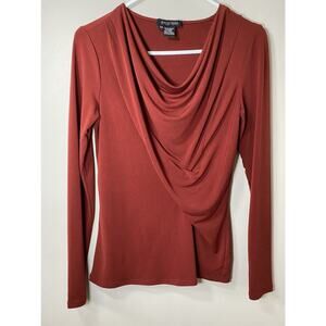 Etcetera‎ Blouse XSMALL Red Draped Neckline Long Sleeve Top